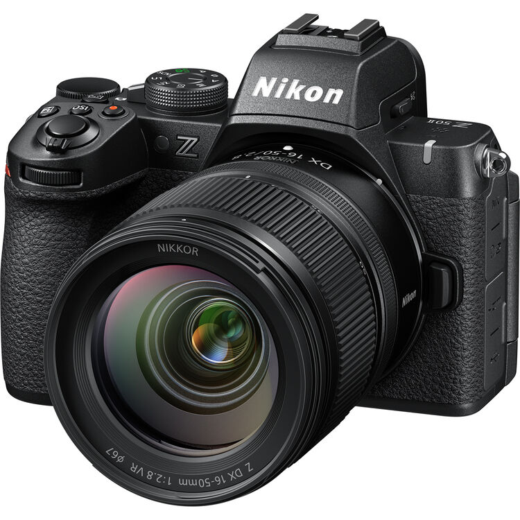 Product photo of the Nikon DX 16-50mm f/2.8 VR lens mounted to a Z5 IIon a white background.