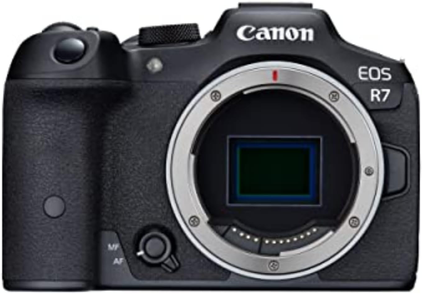 Product photo of a black EOS R7 with a white background, taken from Amazon.