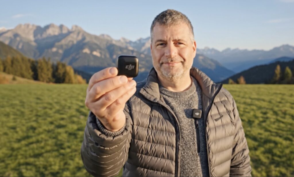 The DJI Mic Mini held up by a man wearing a jacket out in a field.