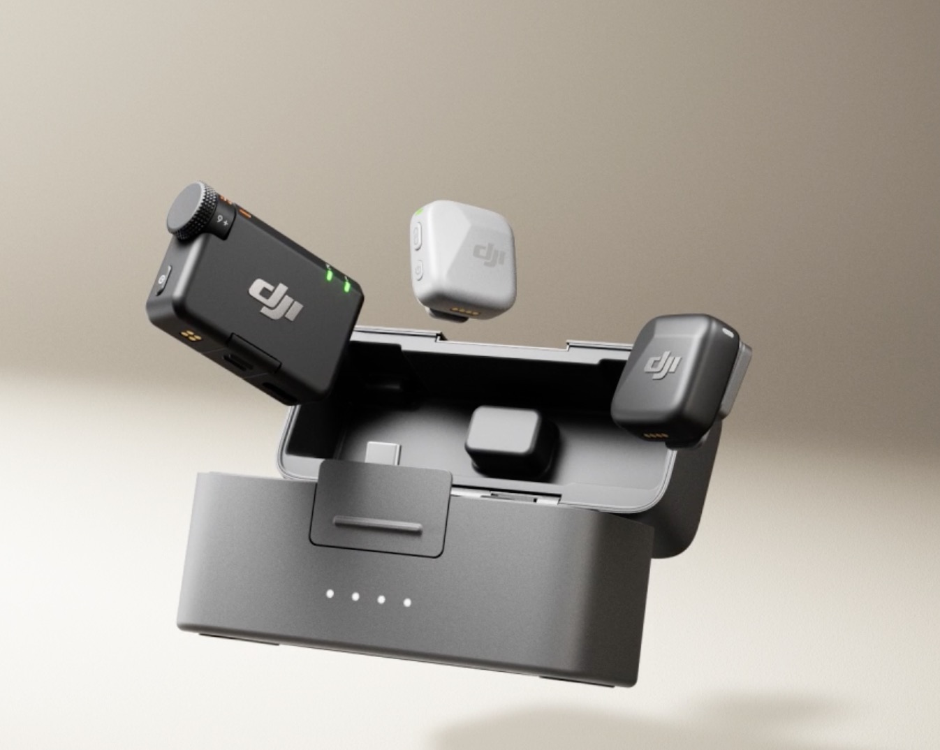 DJI Mic Mini shown supspended above its case. 