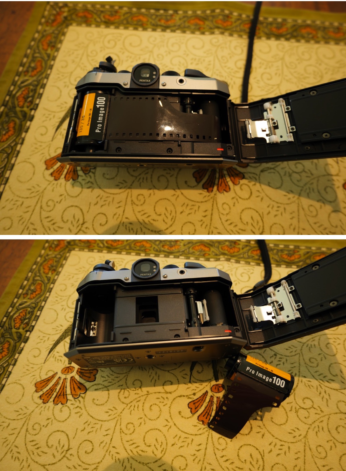 The Pentax 17 with the film compartment open and a cansiter of film.
