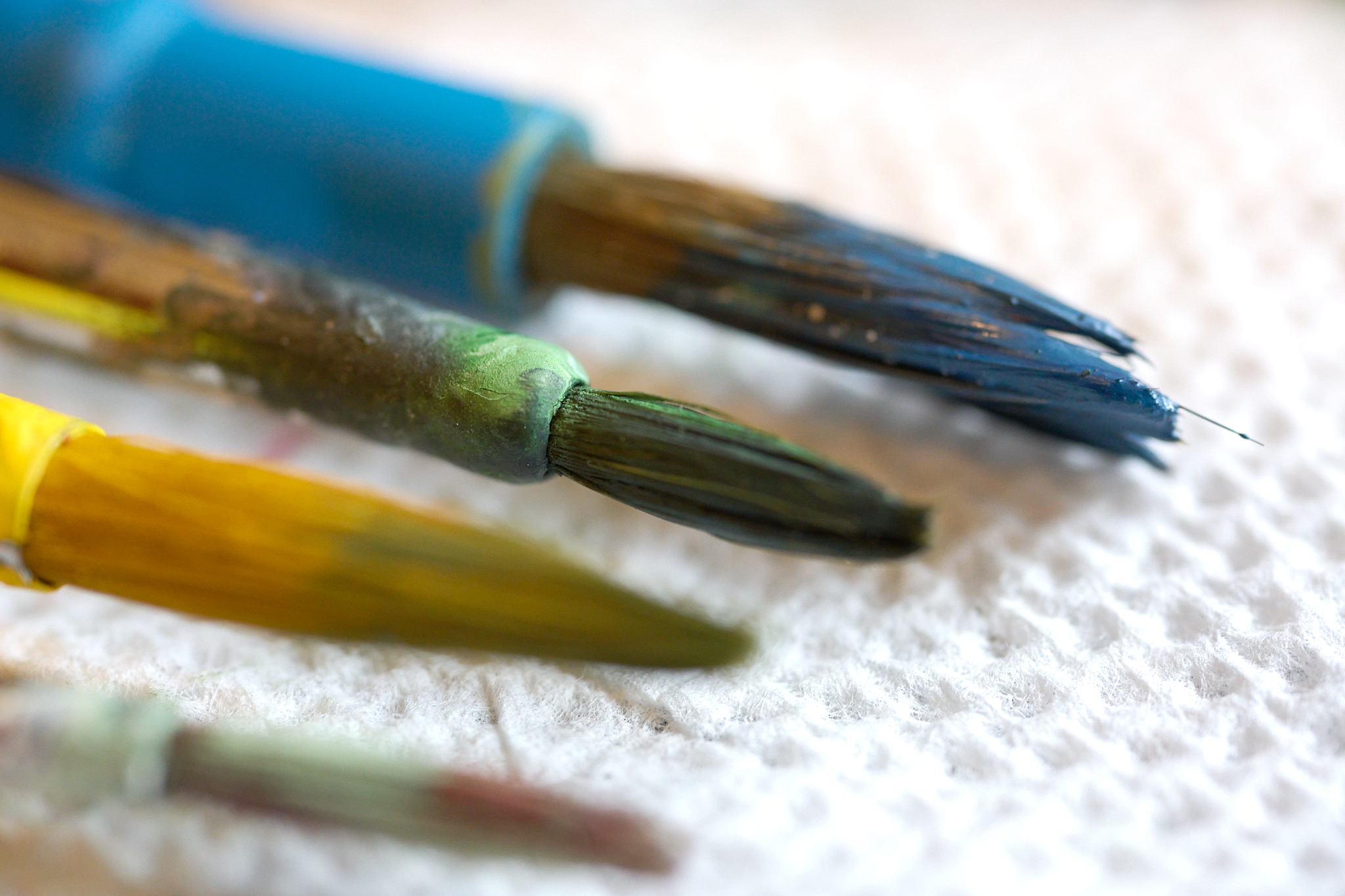 Paint brushes on a paper towel.