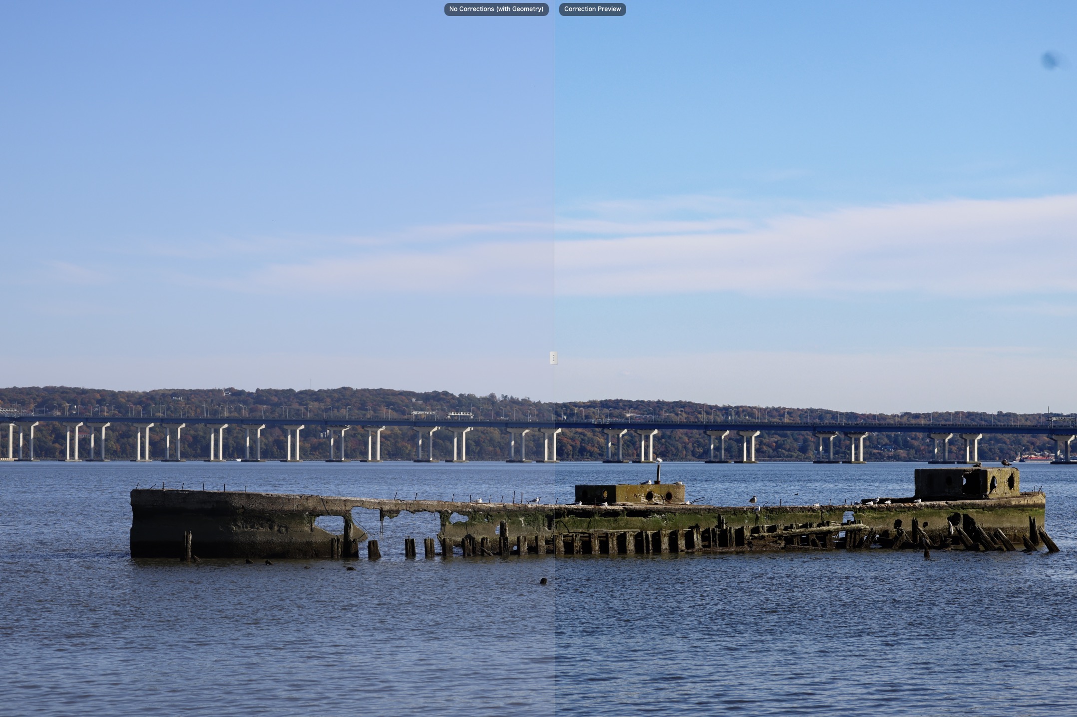 A photograph of a bridge with a concrete barge in front of it. Shows the difference with ClearView on and off. 